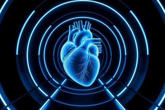 Anatomical heart inside glowing digital light tunnel, concept of AI-driven cardiac scanning and futuristic health technology