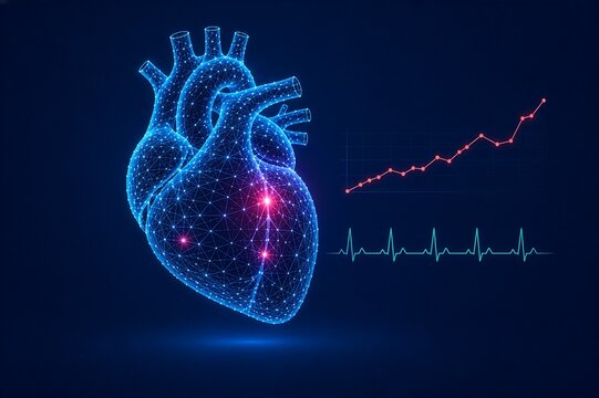 Digital wireframe heart with rising data chart and ECG line, concept of early diagnosis and AI algorithms for heart disease detection