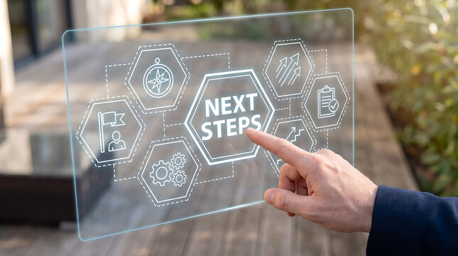 Man working on virtual touch screen presses inscription NEXT STEPS. Next steps business concept. Next step of work, plan, strategies, vision, project implementation