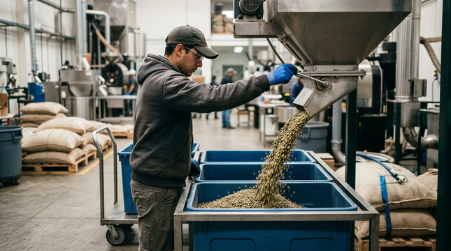 Worker processing grain at industrial factory