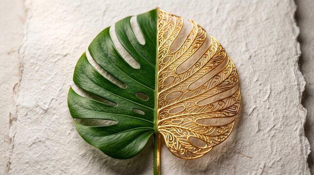 Luxury monstera leaf half green natural and half golden filigree design