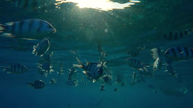 Silhouettes of Indo-Pacific sergeants, Abudefduf vaigiensis feeding under the water surface in the last rays of the setting sun in the backlit, with sun glare at sunset
