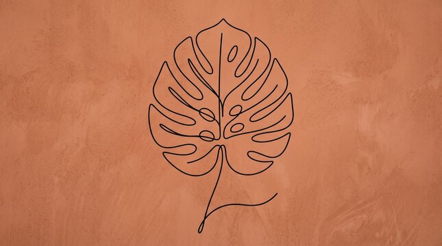 Continuous line art of monstera leaf on terracotta textured background