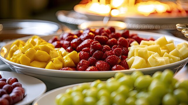 Fresh, colorful fruit platter with strawberries, mango, pineapple, and grapes
