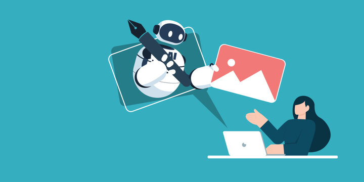 AI robot holding a fountain pen and image file to assist a female designer working on her laptop, flat vector art representing artificial intelligence creative assistant concept.