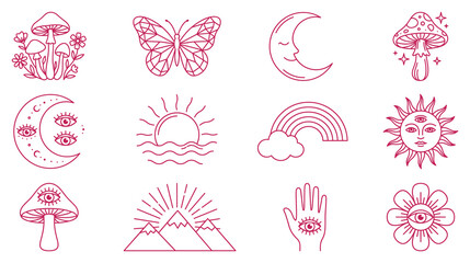 Mystical celestial and occult line art icons with sun moon mushrooms eyes and hand symbol.