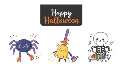 Fototapeta premium Spooky Halloween Fun: A playful collection of Halloween characters, including a roller-skating spider, a dancing broom with a witch's hat, and a skeleton musician playing a xylophone.