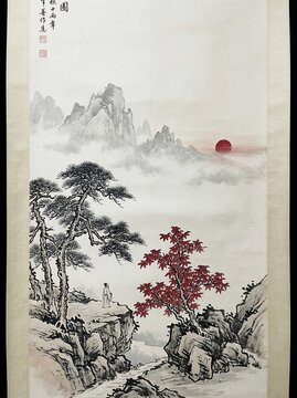 Traditional Chinese ink wash painting of mountain landscape