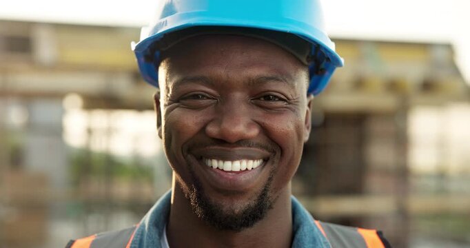 Happy, black man and face of construction worker on site with confidence for building infrastructure. Smile, about us and portrait of civil engineer with pride for maintenance, repairs or renovation.