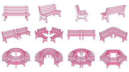 Outdoor park benches isometric and perspective view icons set in various shapes and sizes. © MST. RATNA AKTER