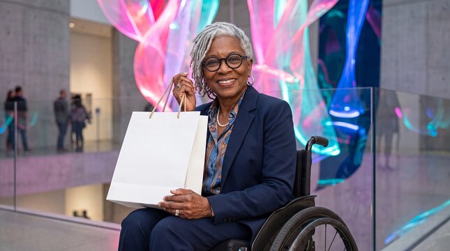 Wheelchair senior woman shopping bags disability accessibility inclusion retail independent smiling inside a gallery with blank packages for shopping campaigns active aging and consumer marketing