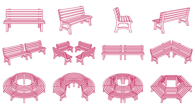 Outdoor park benches isometric and perspective view icons set in various shapes and sizes.