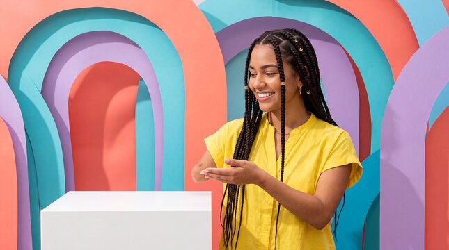 amputee woman arm amputation presenter product podium inclusive advertising smiling gestures toward a blank display against colorful arches for accessible branding diversity marketing and campaigns