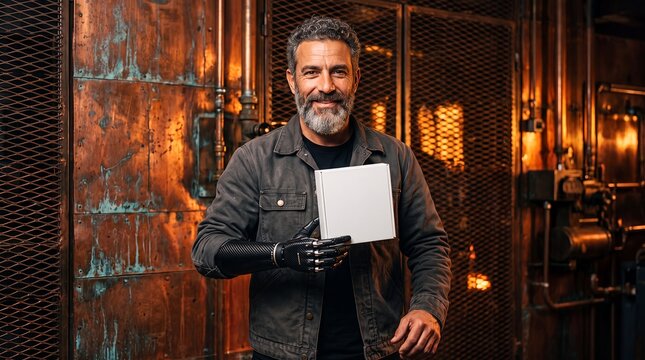 Prosthetic arm man amputee disability technology blank box inclusion industry worker holding unbranded packaging in a factory setting for accessible employment innovation and marketing campaigns
