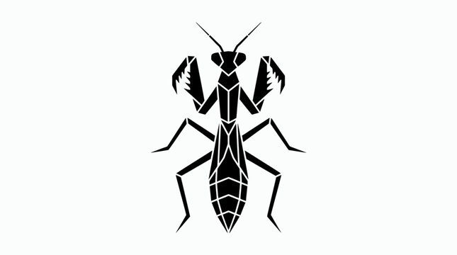Black praying mantis insect silhouette on white background.