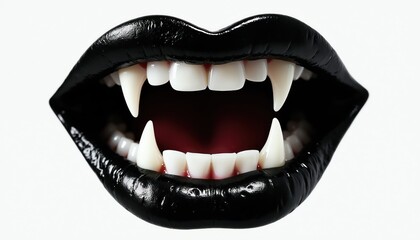 Fototapeta premium Woman mouth with black lips shows sharp vampire fangs. White teeth open wide in dark interior. Scary smile or scream with white fangs. halloween party.