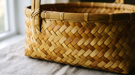 Obraz premium Close-up of a woven wicker basket on a soft fabric surface with natural lighting
