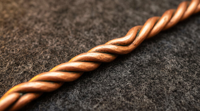 Close-up of a twisted copper wire on dark textured surface with high detail and warm tones