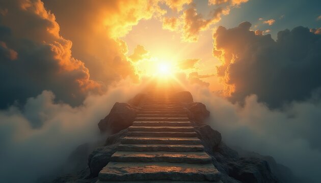 Stone stairs ascend into bright sunlit clouds creating pathway to heaven. Spiritual ascent toward divine light symbolizes faith hope afterlife.
