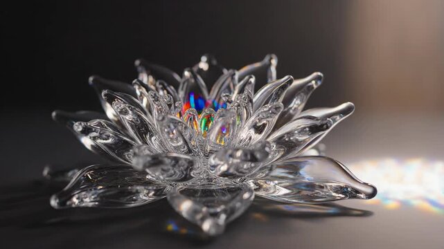 Clear glass lotus flower with detailed petals and sparkling light reflections, subtle water droplets, elegant decor.