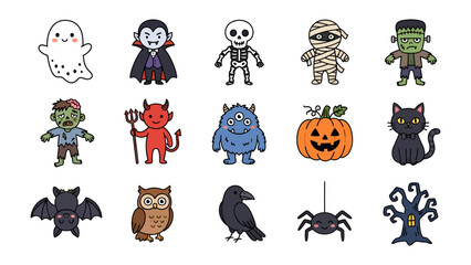 Obraz premium Cute Halloween Characters: A delightful collection of charming and spooky Halloween icons, including a ghost, vampire, skeleton, mummy, Frankenstein, zombie, devil, monster, pumpkin, black cat, bat.