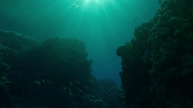 Silhouette of a coral reef illuminated by the last rays of the setting sun in the backlighting. Marine life on a tropical reef under the bright sunrays in the evening light at sunset.
