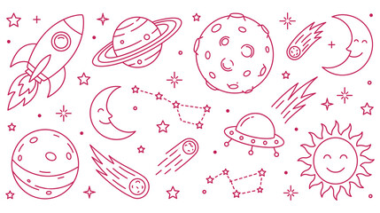 Space doodles set. cosmic line art collection with planets, stars, rockets, ufo. © MST. RATNA AKTER