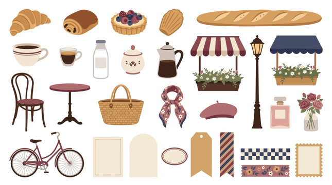 Charming Parisian Cafe Elements Collection: Croissants, Coffee, Bicycle, and More.