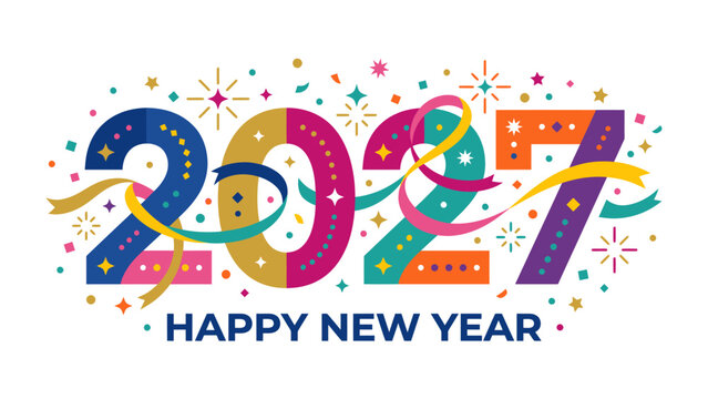 Happy New Year 2027: A vibrant and festive graphic design celebrates the arrival of the new year, featuring the numbers 2027 in colorful, stylized font adorned with confetti, ribbons.