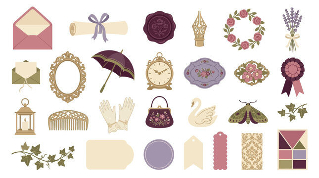 A collection of vintage and decorative elements including an envelope, scroll, wax seal, clock, and floral motifs.