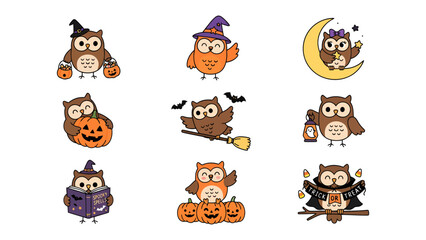 Obraz premium Halloween Owls Collection: A delightful assortment of cute owl illustrations dressed in festive Halloween attire, featuring pumpkins, witch hats, broomsticks, and crescent moons.