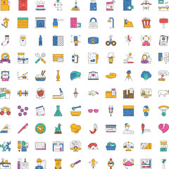 Naklejka premium Collection of colorful line icons illustrating a wide range of miscellaneous objects, daily activities, technology, food items, tools, and lifestyle symbols on a white background
