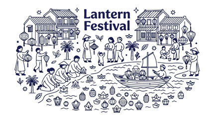 Obraz premium Lantern Festival line art illustration, traditional Asian village celebration with floating lanterns, Vietnamese Hoi An style cultural event vector