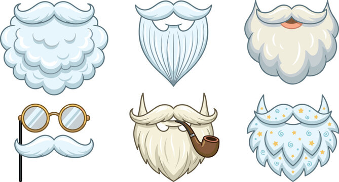 Santa Claus Beard and Mustache Photo Booth Props Vector Set Featuring Cartoon White Beards, Smoking Pipe, Glasses, and Festive Star Details