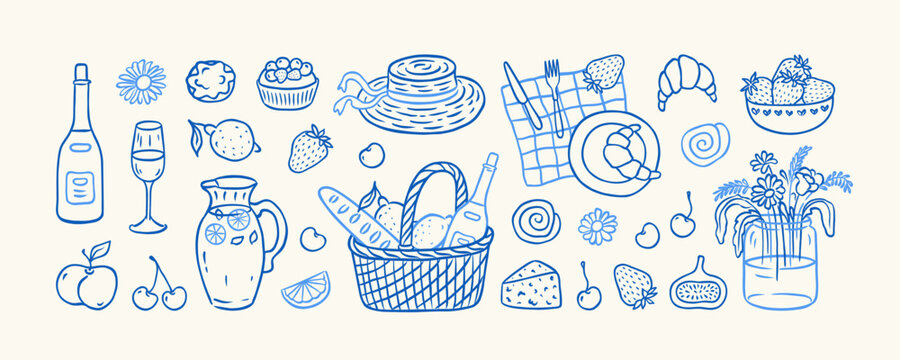 Set of sketch hand drawn aesthetic summer picnic elements. Food, lemonade, blanket, strawberry, cherry, wine, croissant, flowers, basket, fruits, plate, . Vector illustration for wedding, party, menu.