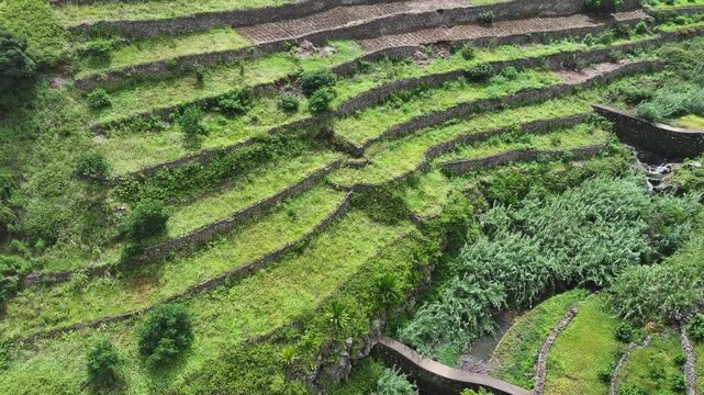 Drone Shot of Terraces and Creek on Top of Waterfall in Landscape of Santo Antao Island, Cape Verde