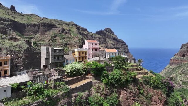 Drone Shot of Fontainhas Village Buildings, Tourist Attraction of Santo Antao Island and Cabo Verde
