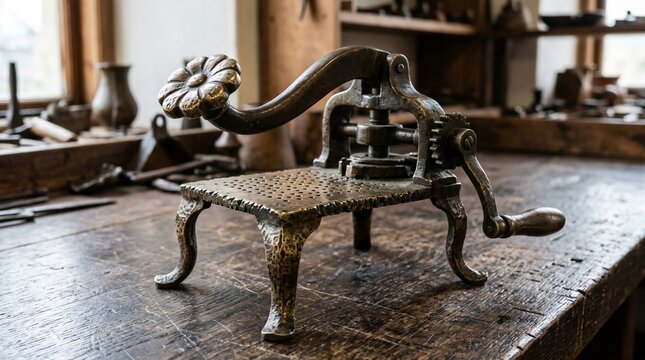 Antique metal press on a rustic wooden workbench