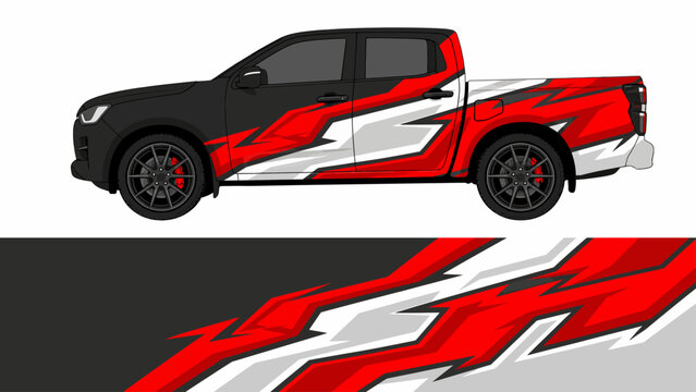 Bold red and white vinyl decals on black truck.
