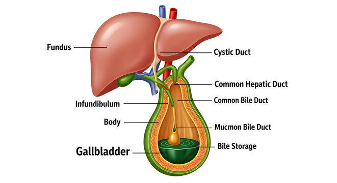 Human digestive system diagram with gallbladder and liver highlighted for educational use