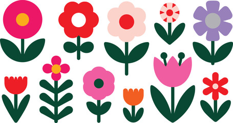 Flat retro flower icon set featuring simple colorful floral blossoms and tulips in Scandinavian style © Yesrath Hasan