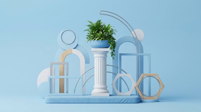 Minimalist 3D podium with geometric shapes and plants on blue