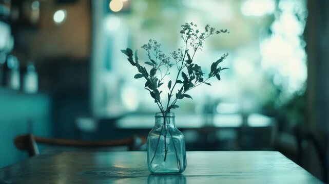 Small glass jar holds delicate wildflowers. Soft blue light bathes the scene. Plants rest on a wooden table. Background shows blurred cafe interior. Focus remains on the jar and stems