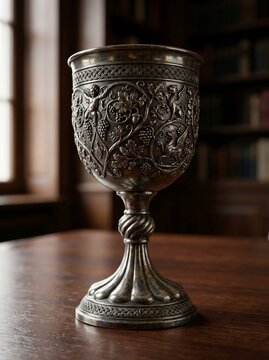 Ornate antique silver chalice on wooden table