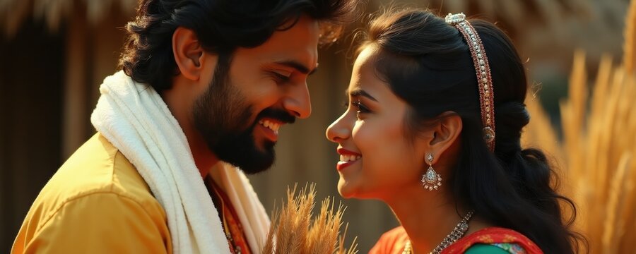 Young couple smiles at each other in warm sunlight. Man wears yellow shirt white scarf, woman has ornate jewelry. They are in outdoor rural setting near tall grass.