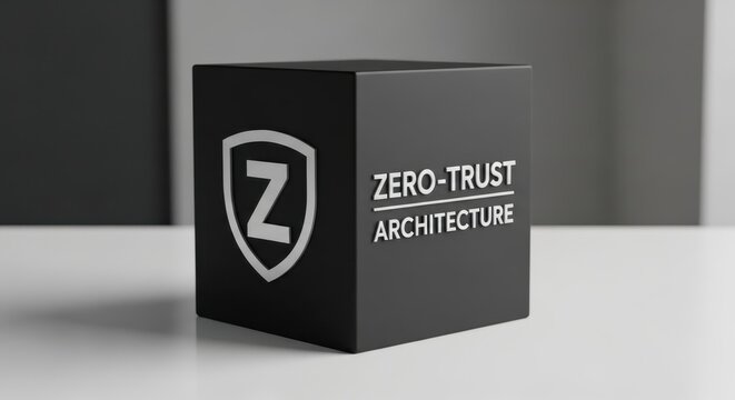 Black cube with zero trust architecture logo on gray background