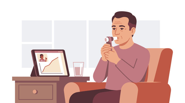 Man using spirometer for home lung health test via telehealth