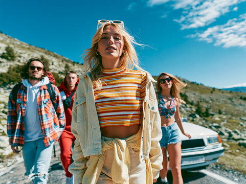 Young friends exploring a scenic mountain landscape during a summer road trip. Adventure travel lifestyle celebrating freedom, friendship and discovery.