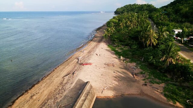 Scenic aerial overview of a tropical coastline with sandy shoreline, calm sea, coconut trees, and rural island scenery - Catanduanes, Philippines