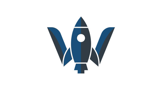 Blue rocket launch logo with abstract wing elements.